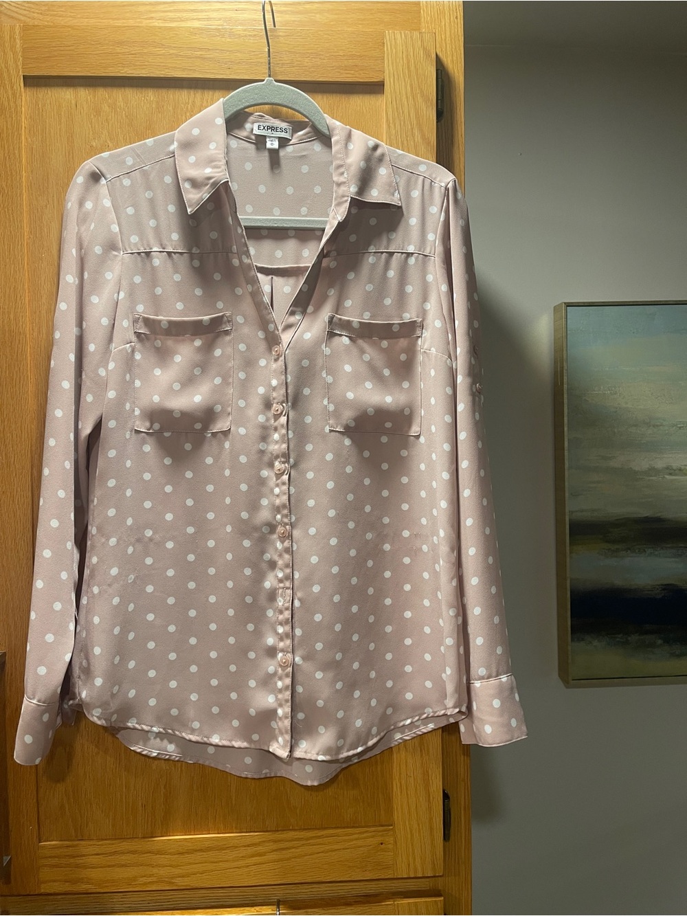 Express Women's Pink Polka Dot Button-Up Blouse Barbie Pink feminine classic